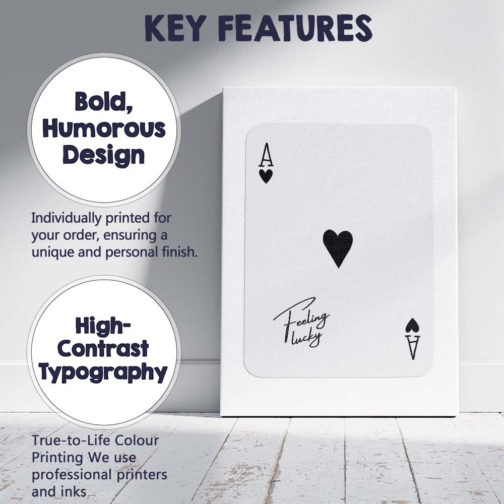 Minimalist Black Ace of Hearts Feeling Lucky Typography Playing Card Canvas Wall Art Print Decor Picture Ready to Hang