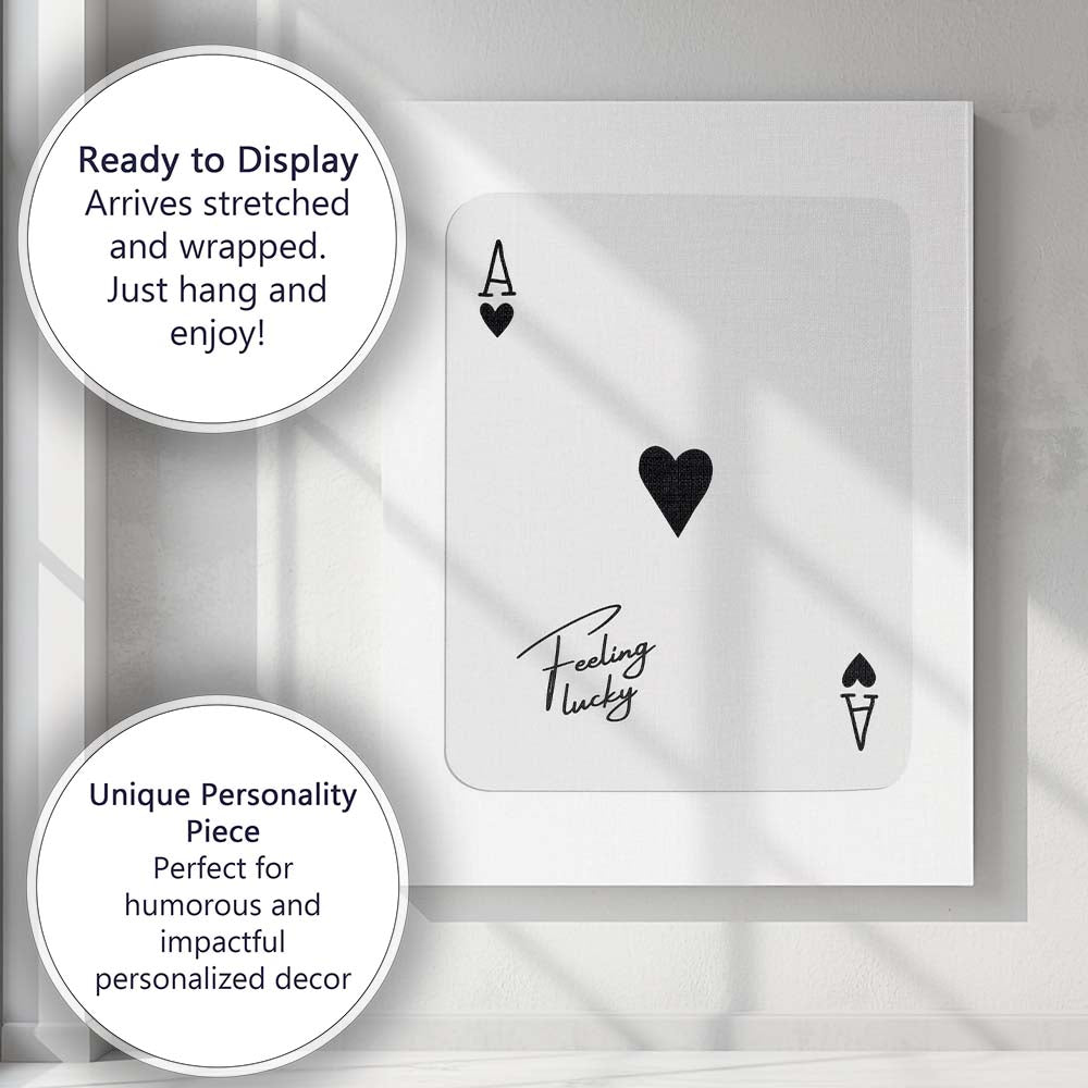 Minimalist Black Ace of Hearts Feeling Lucky Typography Playing Card Canvas Wall Art Print Decor Picture Ready to Hang
