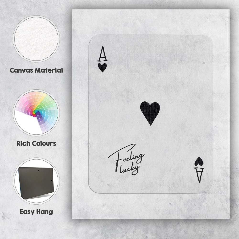 Minimalist Black Ace of Hearts Feeling Lucky Typography Playing Card Canvas Wall Art Print Decor Picture Ready to Hang