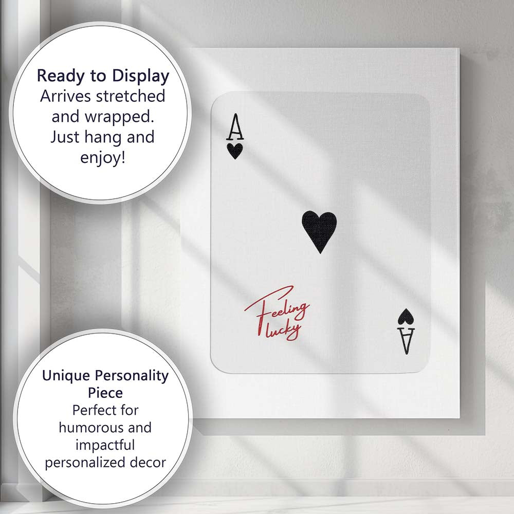 Minimalist Red and Black Ace of Hearts Feeling Lucky Typography Playing Card Canvas Wall Art Print Decor Picture Ready to Hang
