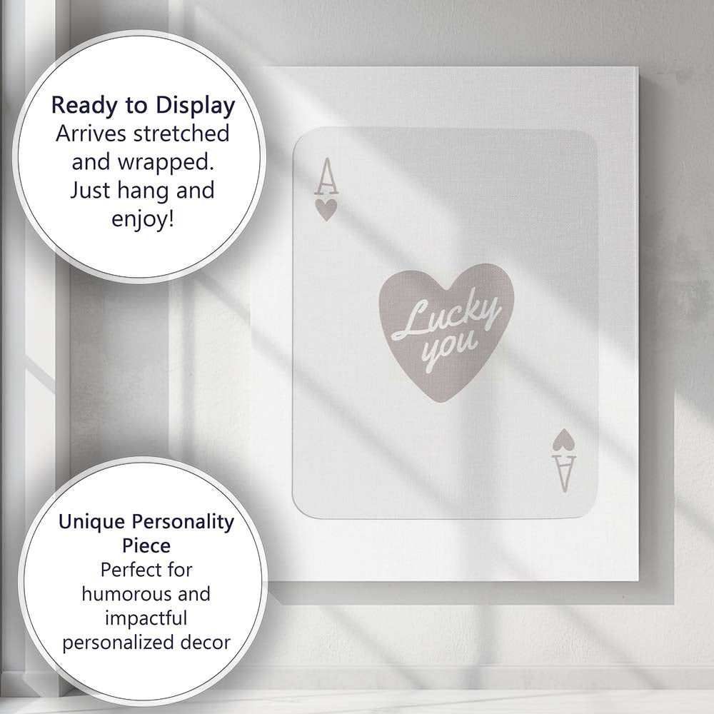 Minimalist Grey Lucky You Heart Typography Ace of Hearts Playing Card Canvas Wall Art Print Decor Picture Ready to Hang