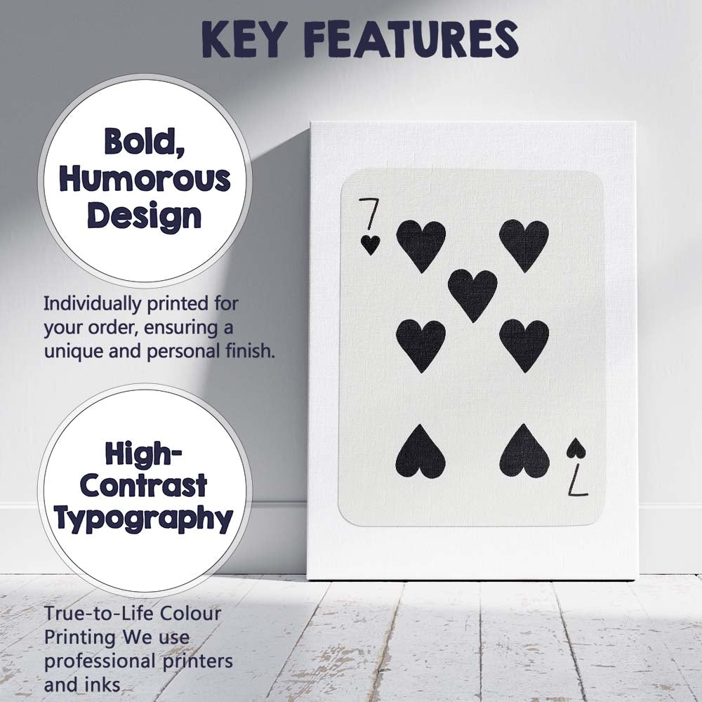 Minimalist Black Seven of Hearts Playing Card Modern Classic Design Canvas Wall Art Print Decor Picture Ready to Hang