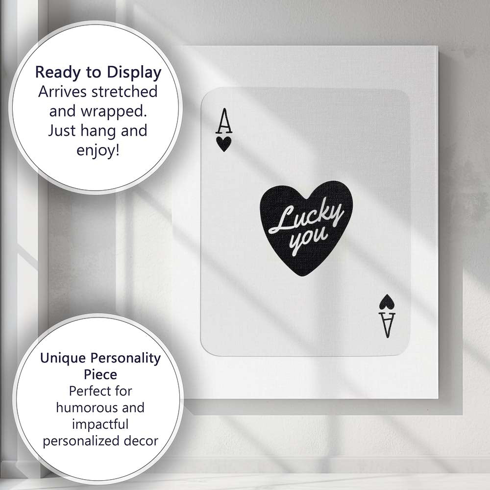 Minimalist Black Ace of Hearts Lucky You Typography Playing Card Canvas Wall Art Print Decor Picture Ready to Hang
