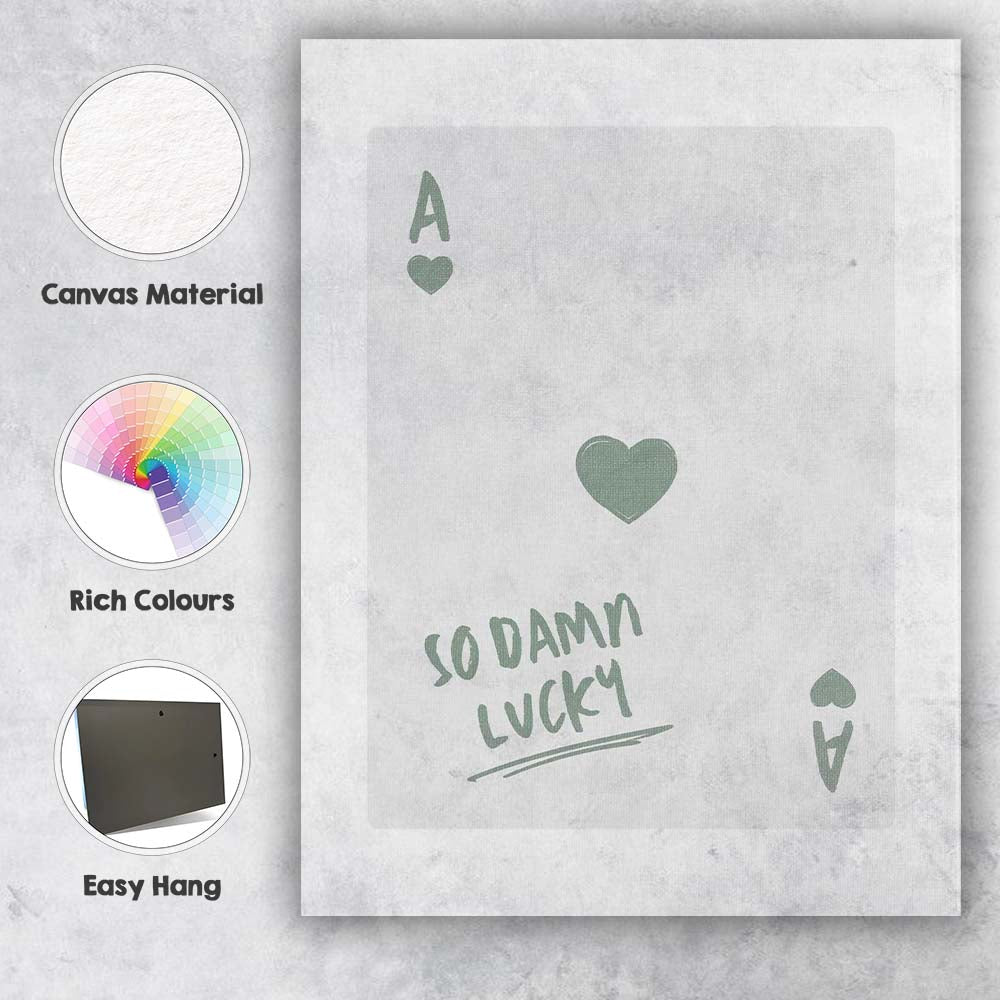 Minimalist Sage Green Ace of Hearts So Damn Lucky Typography Playing Card Canvas Wall Art Print Decor Picture Ready to Hang