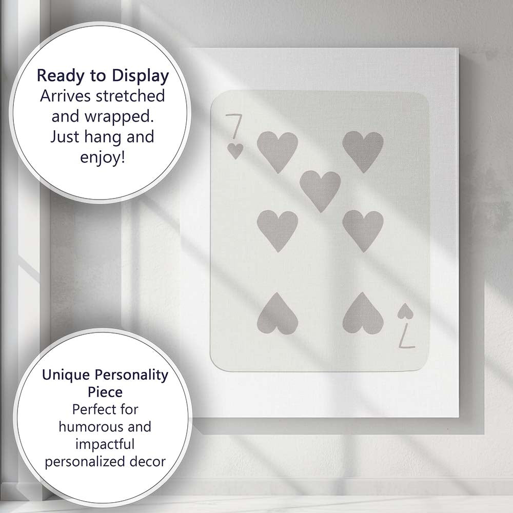 Minimalist Soft Grey Seven of Hearts Playing Card Modern Neutral Design Canvas Wall Art Print Decor Picture Ready to Hang