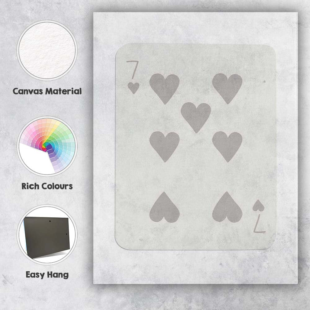 Minimalist Soft Grey Seven of Hearts Playing Card Modern Neutral Design Canvas Wall Art Print Decor Picture Ready to Hang