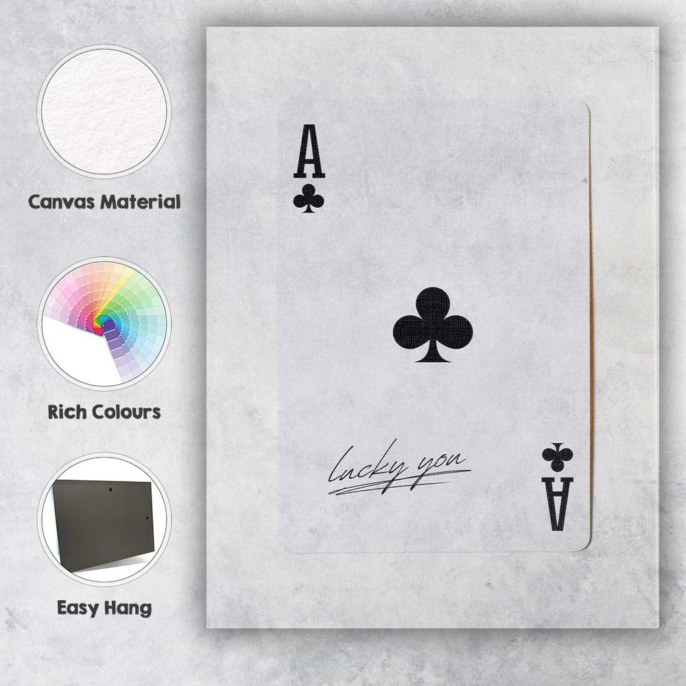 Minimalist Black Ace of Clubs Lucky You Typography Playing Card Canvas Wall Art Print Decor Picture Ready to Hang
