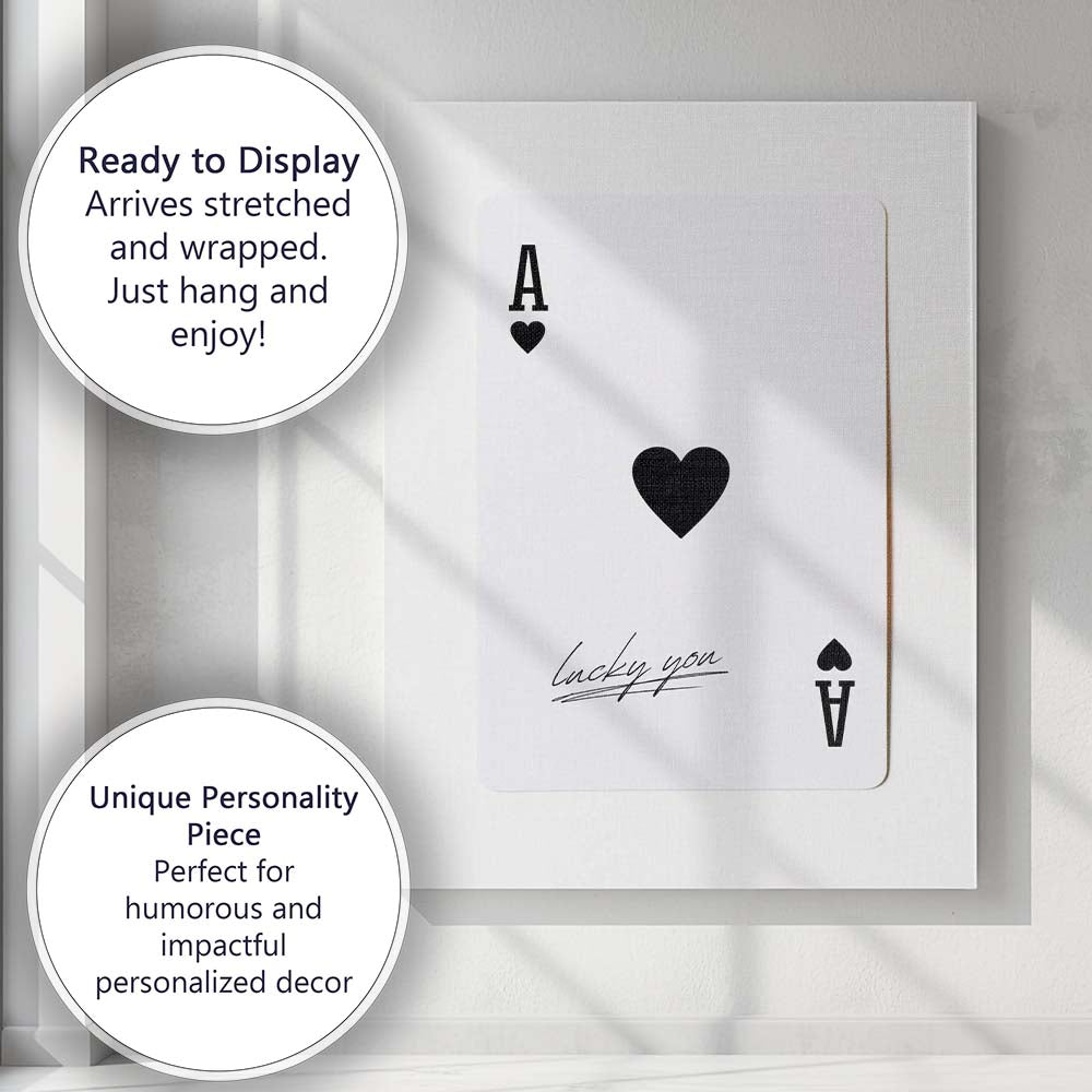 Minimalist Black Ace of Hearts Lucky You Typography Playing Card Canvas Wall Art Print Decor Picture Ready to Hang