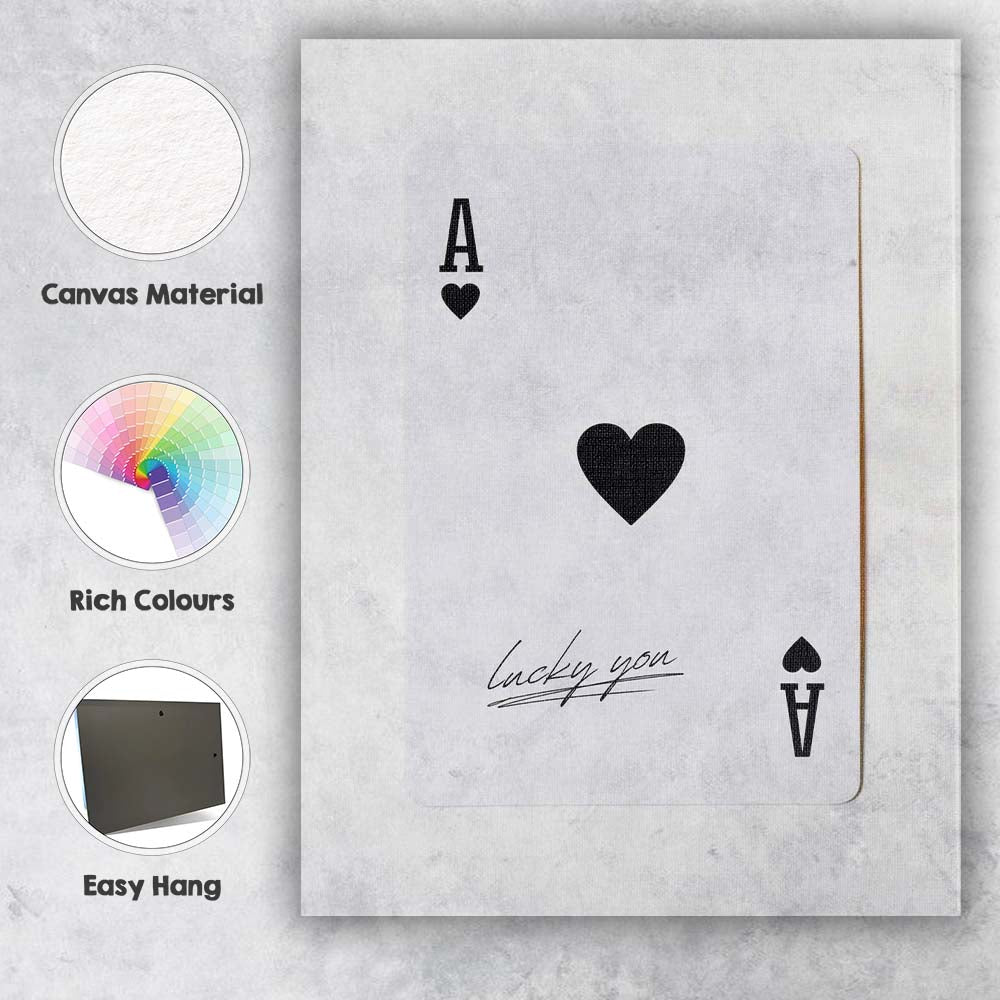 Minimalist Black Ace of Hearts Lucky You Typography Playing Card Canvas Wall Art Print Decor Picture Ready to Hang