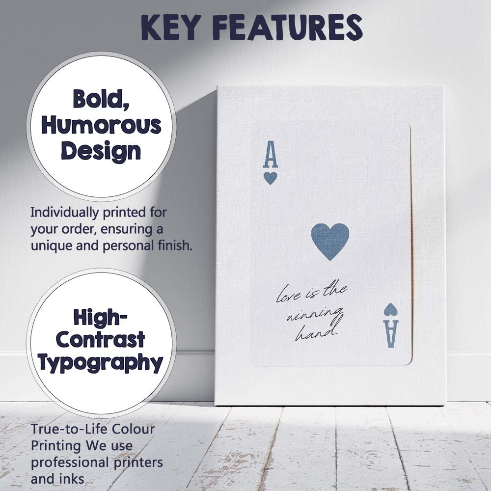 Minimalist Blue Grey Ace of Hearts Love Is The Winning Hand Typography Playing Card Canvas Wall Art Print Decor Picture Ready to Hang