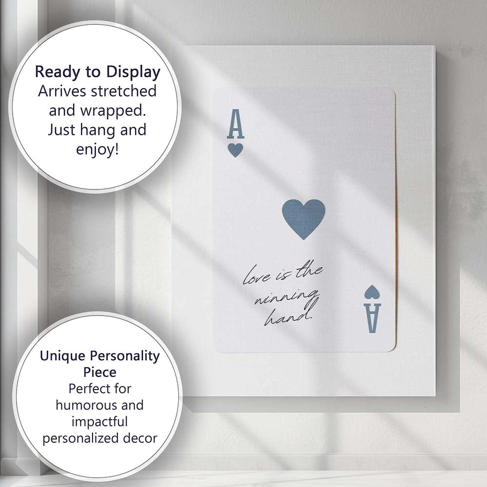 Minimalist Blue Grey Ace of Hearts Love Is The Winning Hand Typography Playing Card Canvas Wall Art Print Decor Picture Ready to Hang