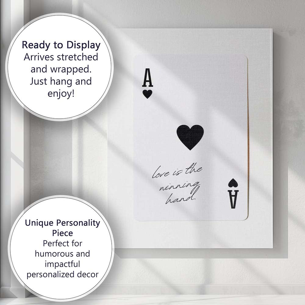 Minimalist Black Ace of Hearts Love Is The Winning Hand Typography Playing Card Canvas Wall Art Print Decor Picture Ready to Hang