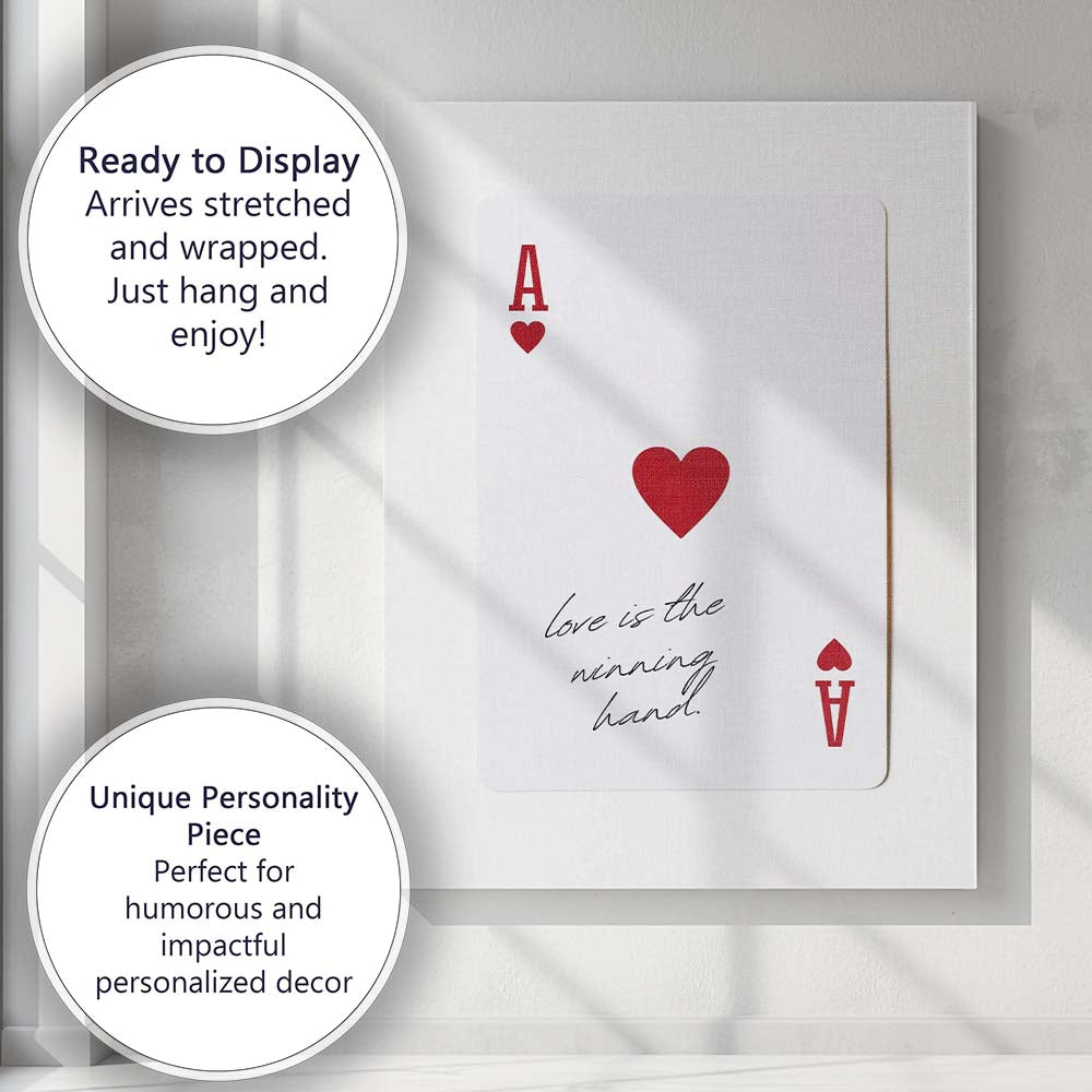 Minimalist Red Ace of Hearts Love Is The Winning Hand Typography Playing Card Canvas Wall Art Print Decor Picture Ready to Hang
