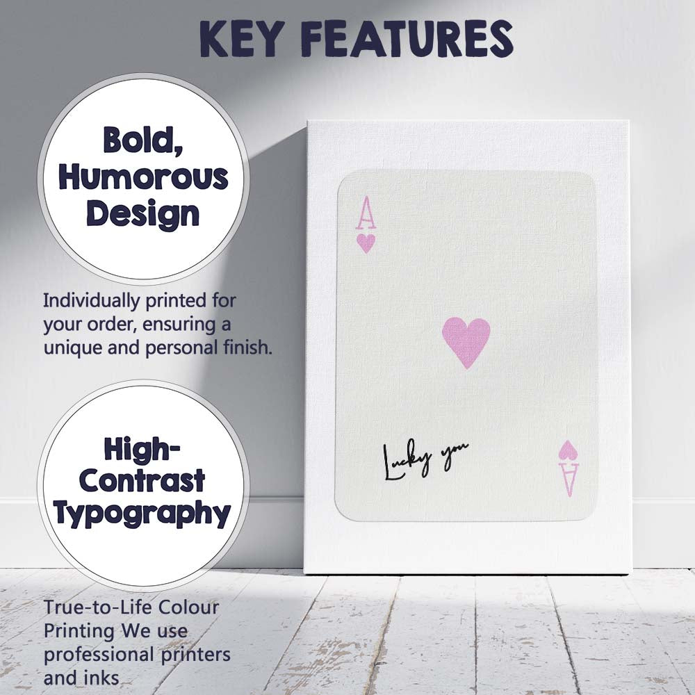 Minimalist Pastel Pink Ace of Hearts Lucky You Typography Playing Card Canvas Wall Art Print Decor Picture Ready to Hang