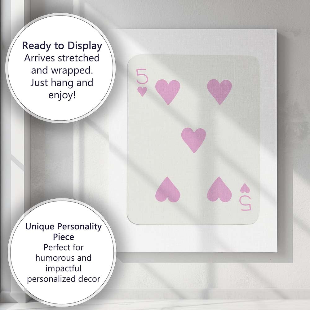 Minimalist Pastel Pink Five of Hearts Playing Card Canvas Wall Art Print Decor Picture Ready to Hang