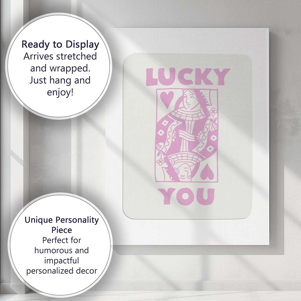 Pastel Pink Lucky You Queen of Hearts Playing Card Typography Canvas Wall Art Print Decor Picture Ready to Hang