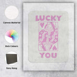 Pastel Pink Lucky You Queen of Hearts Playing Card Typography Canvas Wall Art Print Decor Picture Ready to Hang