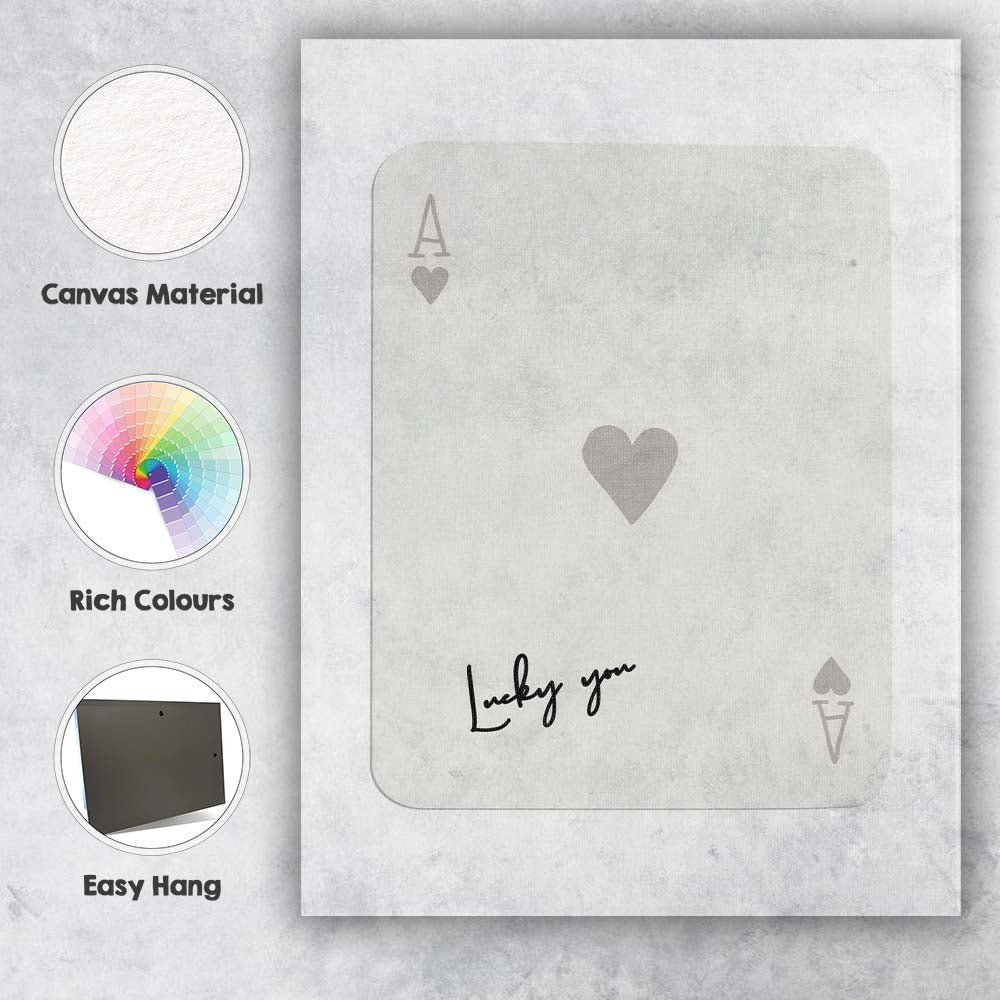 Minimalist Grey Ace of Hearts Lucky You Typography Playing Card Canvas Wall Art Print Decor Picture Ready to Hang