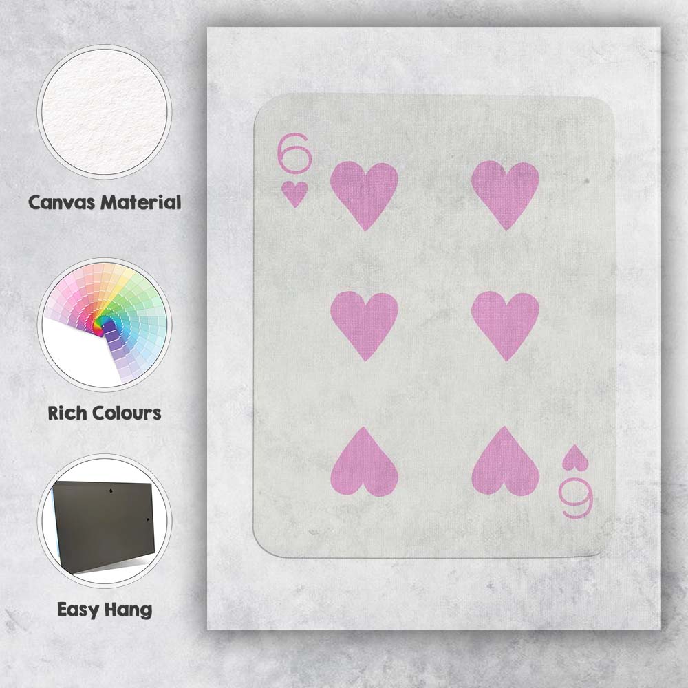 Minimalist Pastel Pink Six of Hearts Playing Card Canvas Wall Art Print Decor Picture Ready to Hang