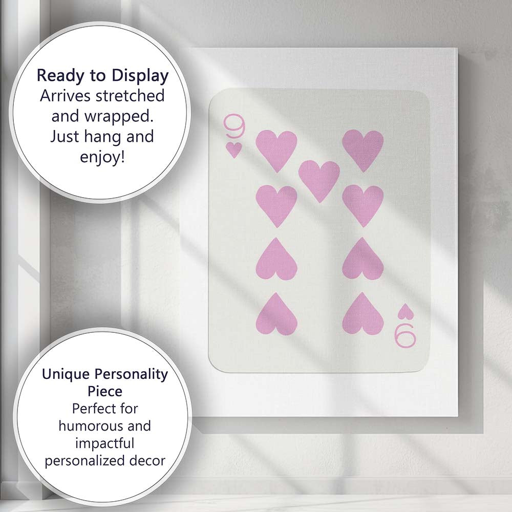 Minimalist Pastel Pink Nine of Hearts Playing Card Canvas Wall Art Print Decor Picture Ready to Hang