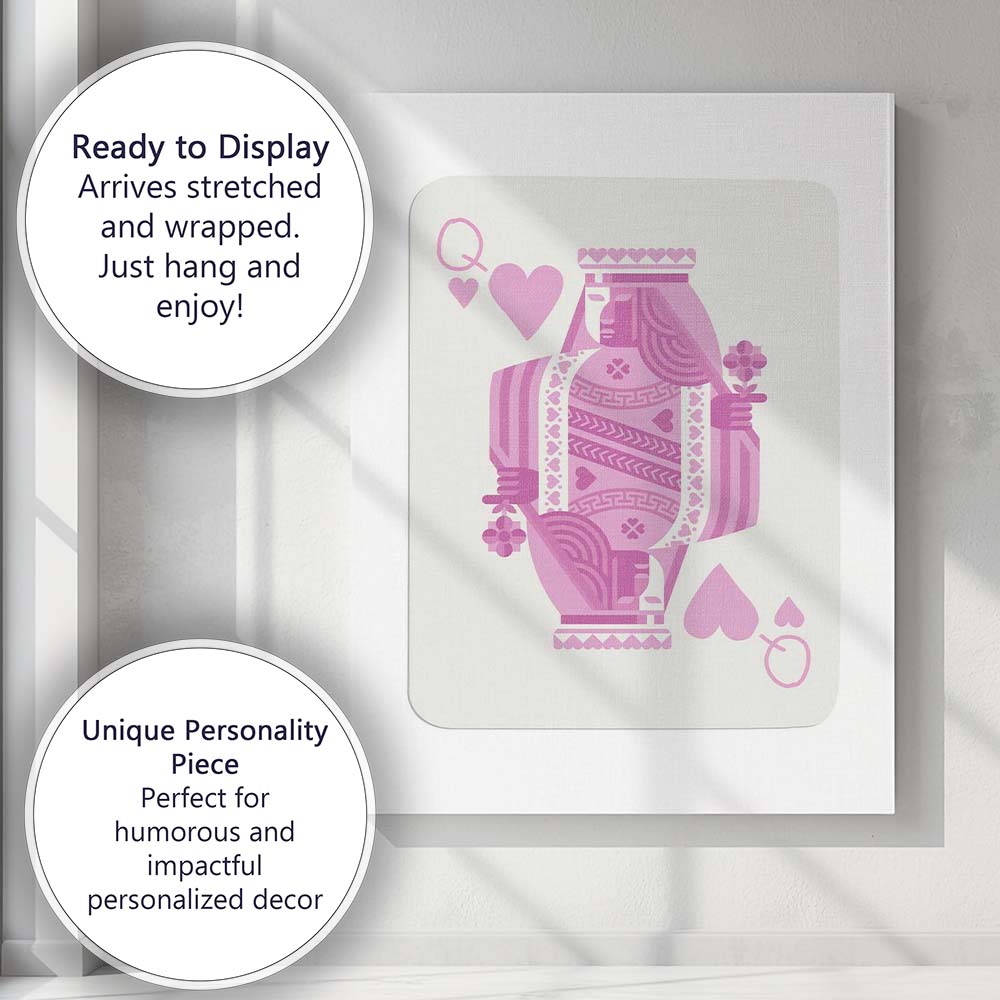 Minimalist Pastel Pink Queen of Hearts Playing Card Illustration Canvas Wall Art Print Decor Picture Ready to Hang