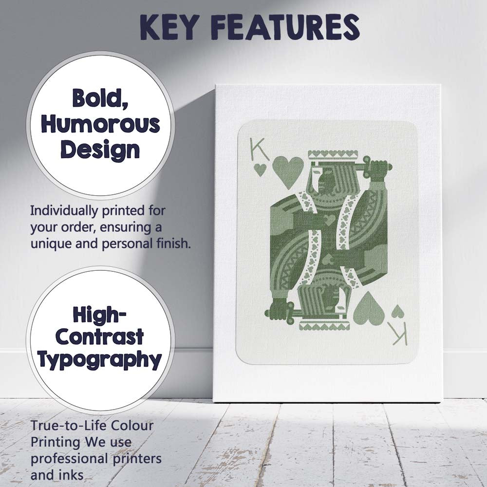 Minimalist Sage Green King of Hearts Playing Card Illustration Canvas Wall Art Print Decor Picture Ready to Hang
