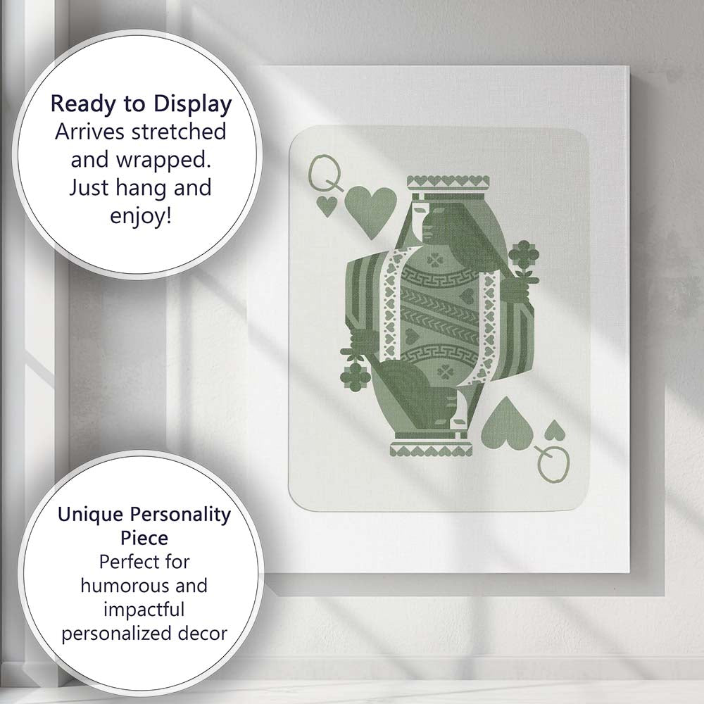 Minimalist Sage Green Queen of Hearts Playing Card Illustration Canvas Wall Art Print Decor Picture Ready to Hang