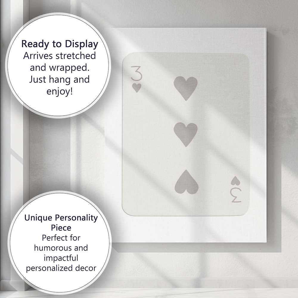 Minimalist Warm Grey Three of Hearts Playing Card Canvas Wall Art Print Decor Picture Ready to Hang