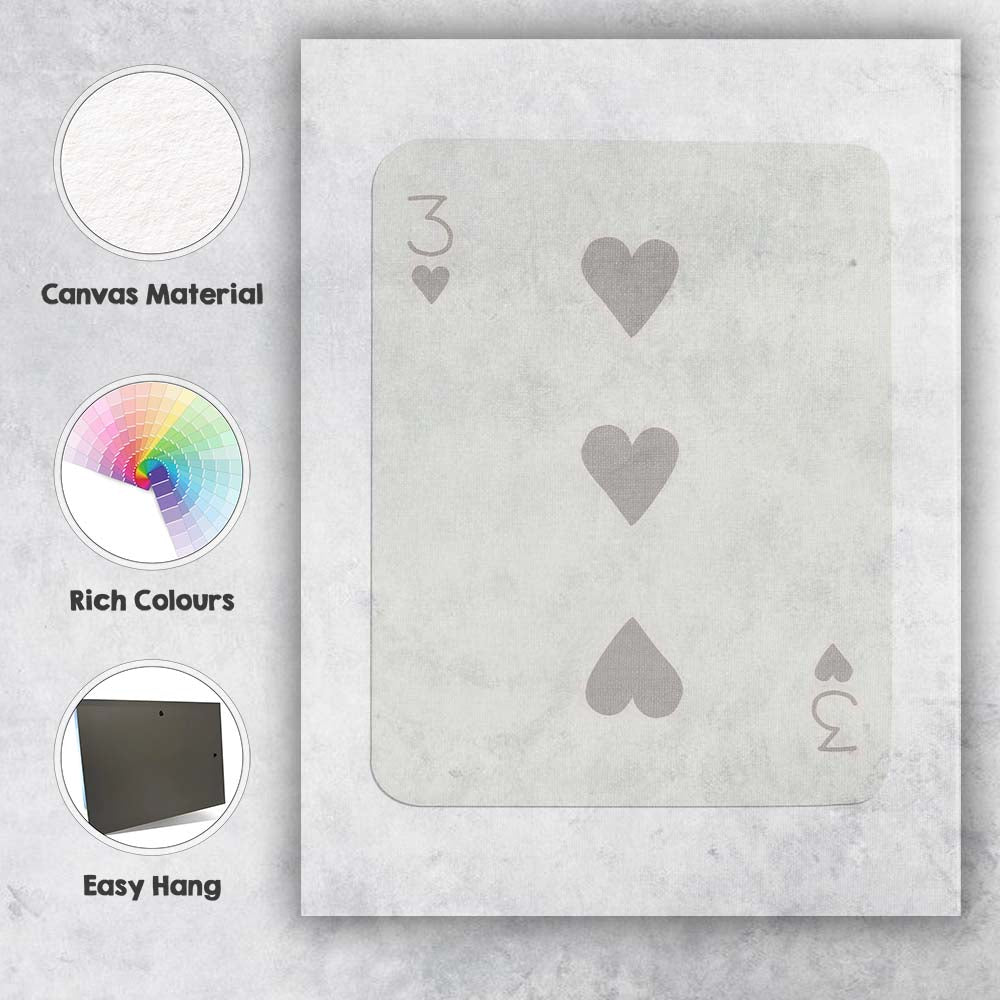 Minimalist Warm Grey Three of Hearts Playing Card Canvas Wall Art Print Decor Picture Ready to Hang