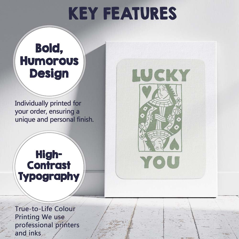 Minimalist Sage Green Lucky You Queen of Hearts Typography Playing Card Canvas Wall Art Print Decor Picture Ready to Hang
