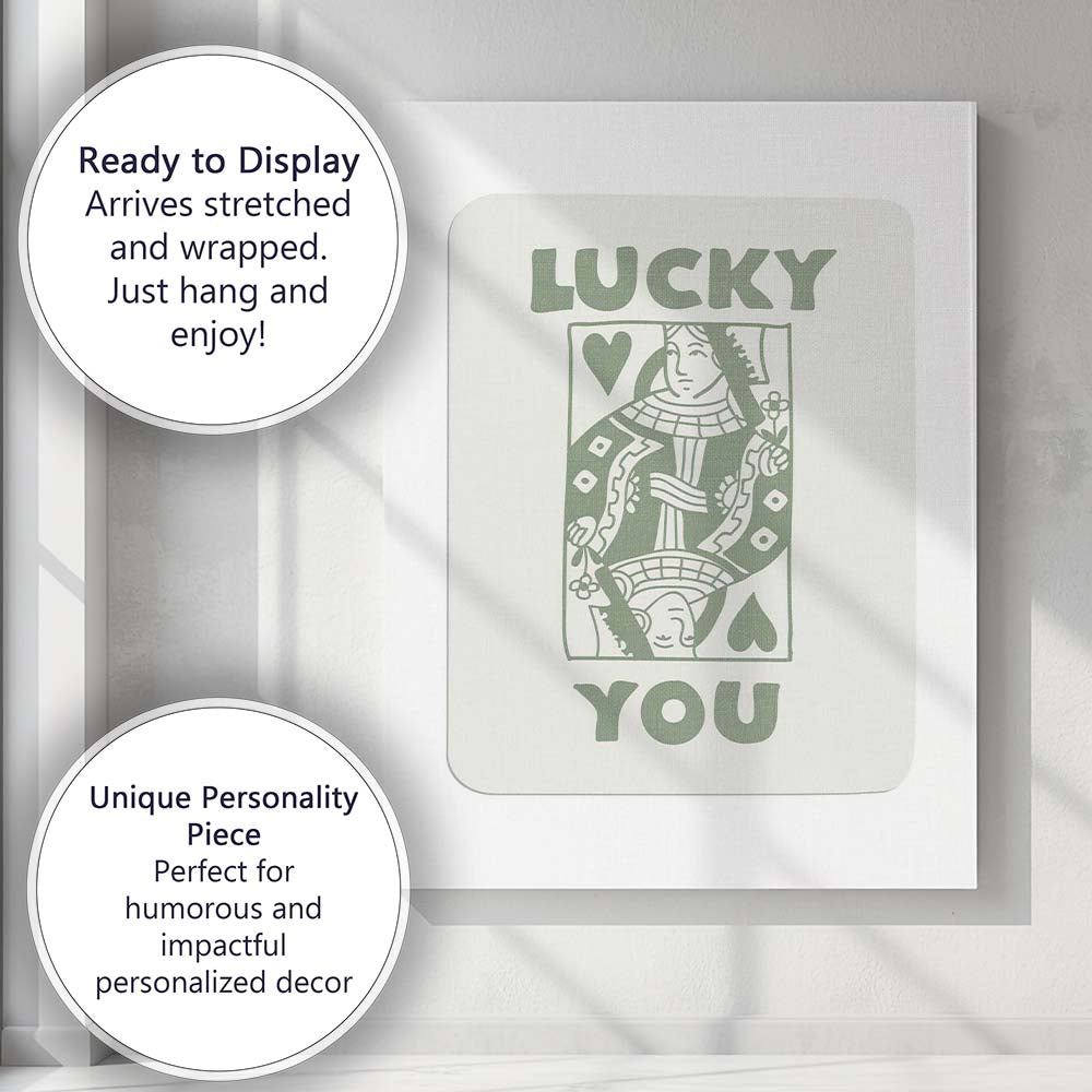 Minimalist Sage Green Lucky You Queen of Hearts Typography Playing Card Canvas Wall Art Print Decor Picture Ready to Hang