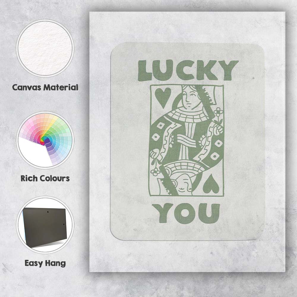 Minimalist Sage Green Lucky You Queen of Hearts Typography Playing Card Canvas Wall Art Print Decor Picture Ready to Hang