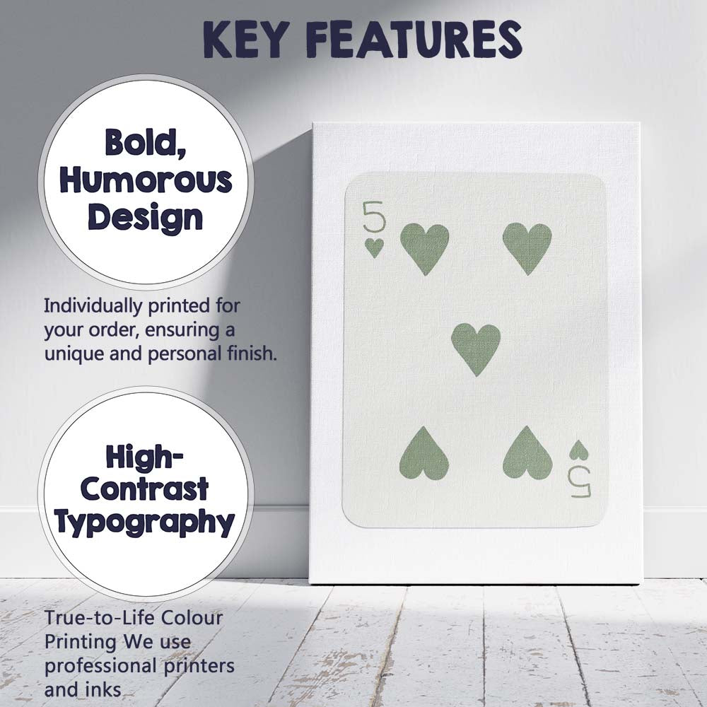 Minimalist Sage Green Five of Hearts Playing Card Canvas Wall Art Print Decor Picture Ready to Hang