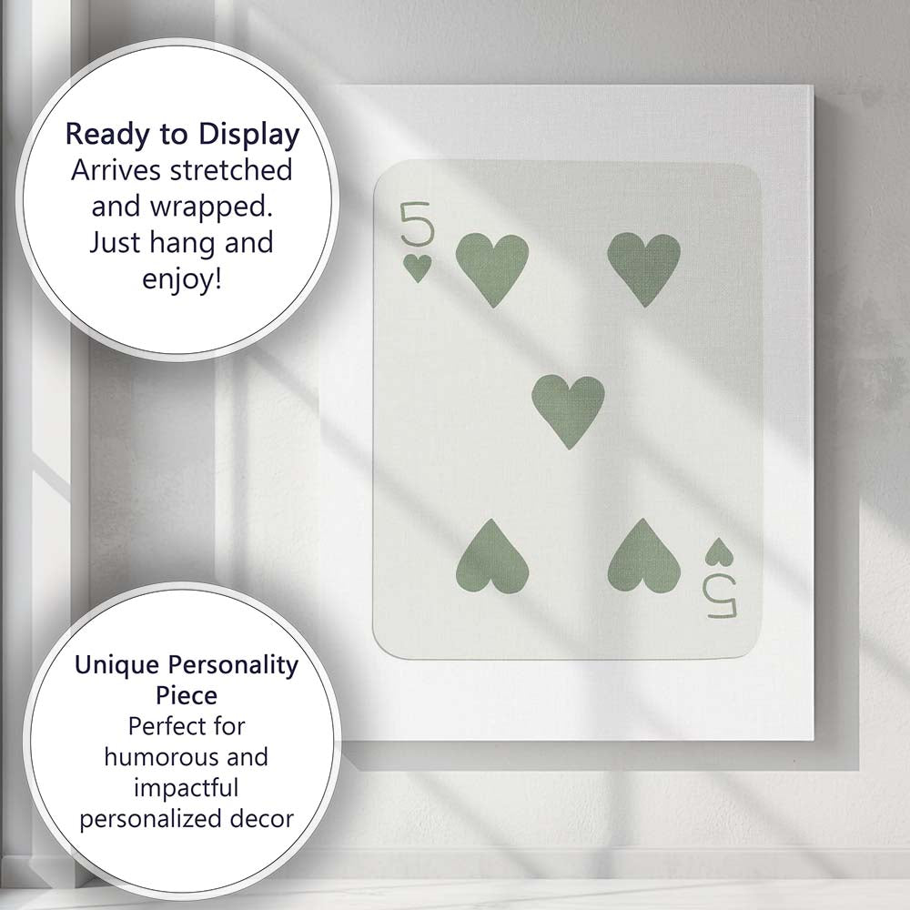 Minimalist Sage Green Five of Hearts Playing Card Canvas Wall Art Print Decor Picture Ready to Hang