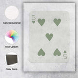 Minimalist Sage Green Five of Hearts Playing Card Canvas Wall Art Print Decor Picture Ready to Hang