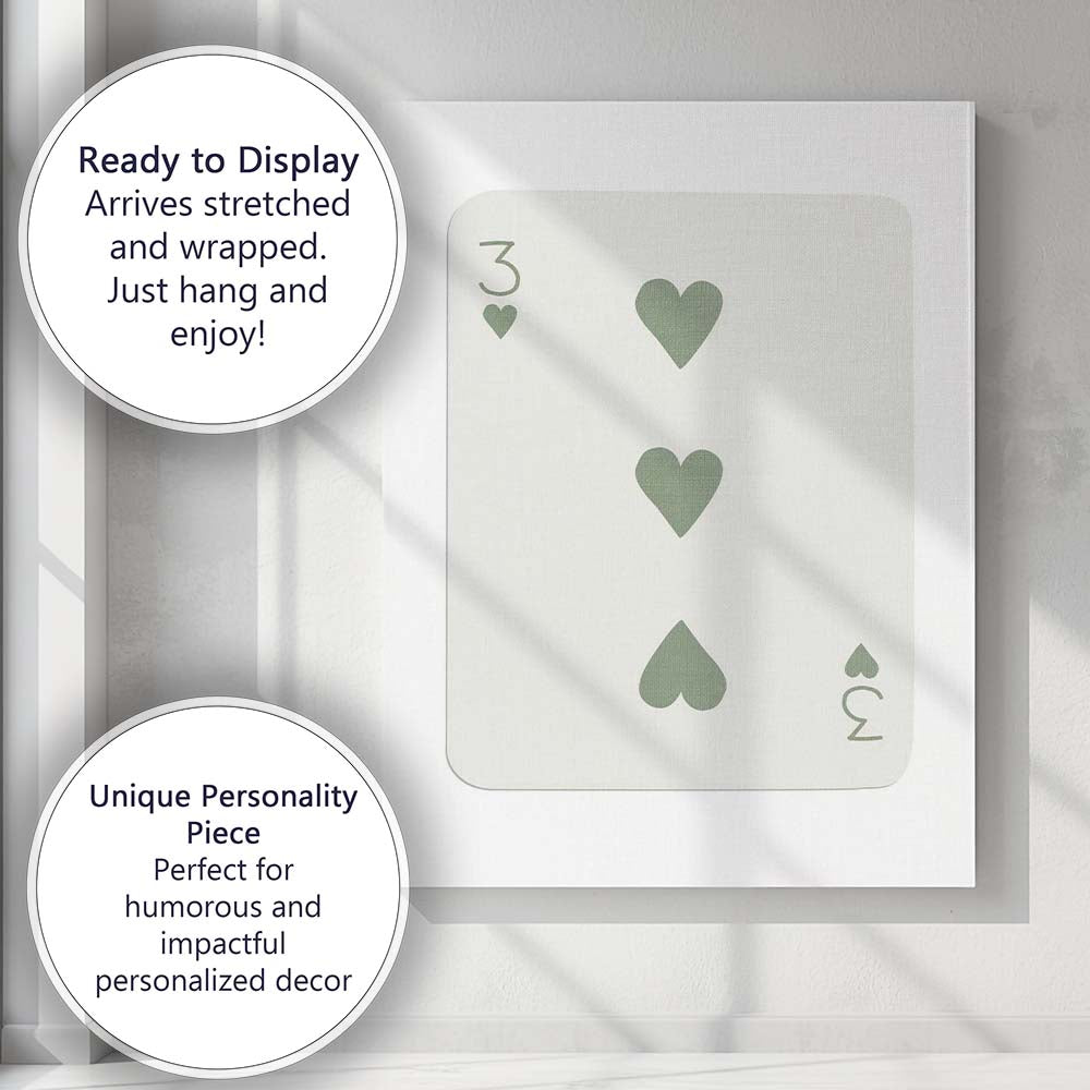 Minimalist Sage Green Three of Hearts Playing Card Canvas Wall Art Print Decor Picture Ready to Hang