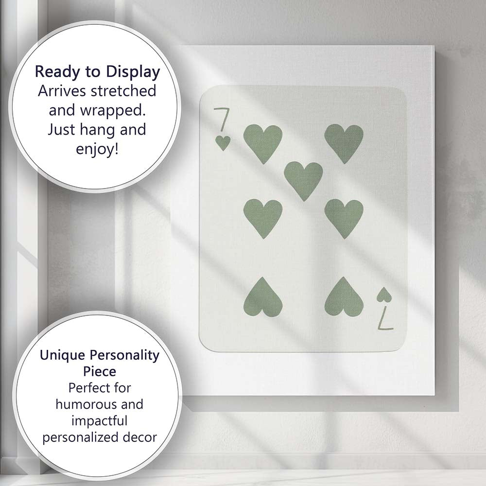 Minimalist Sage Green Seven of Hearts Playing Card Canvas Wall Art Print Decor Picture Ready to Hang
