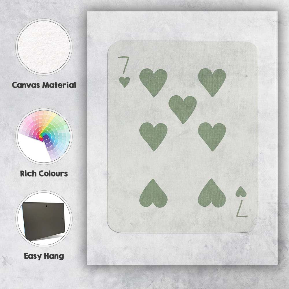 Minimalist Sage Green Seven of Hearts Playing Card Canvas Wall Art Print Decor Picture Ready to Hang