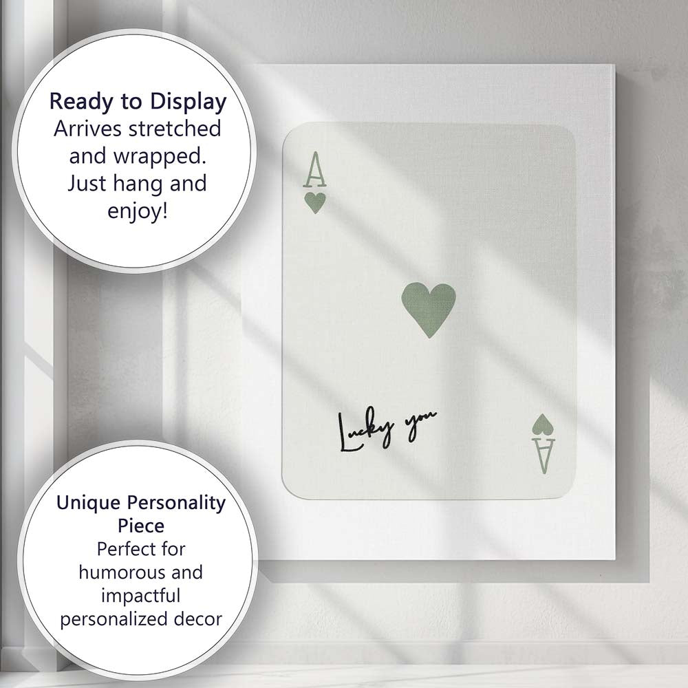 Minimalist Sage Green Lucky You Ace of Hearts Typography Playing Card Canvas Wall Art Print Decor Picture Ready to Hang