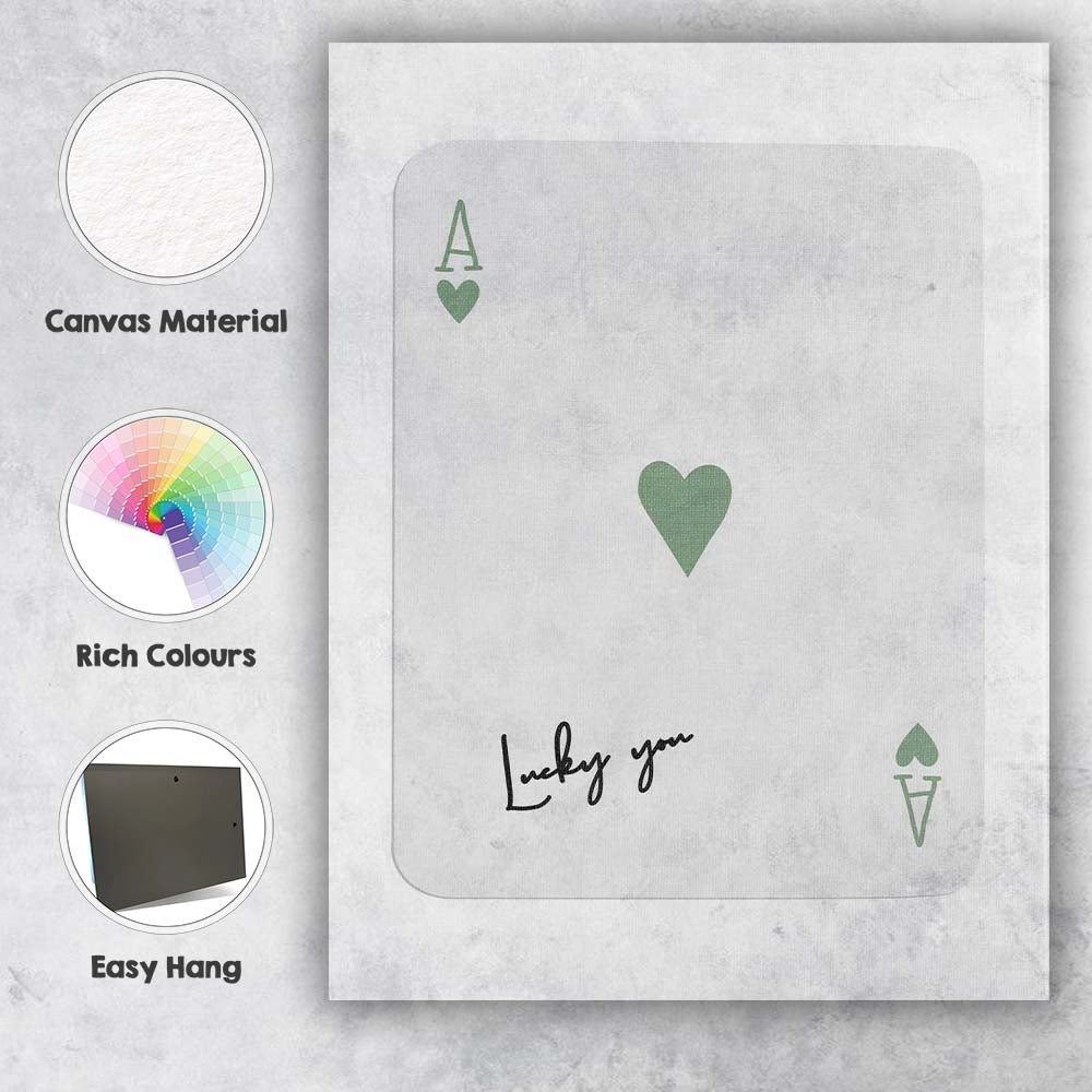 Minimalist Sage Green Lucky You Ace of Hearts Minimal Playing Card Canvas Wall Art Print Decor Picture Ready to Hang