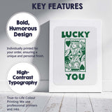 Retro Green Lucky You King of Hearts Typography Playing Card Canvas Wall Art Print Decor Picture Ready to Hang