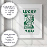 Retro Green Lucky You King of Hearts Typography Playing Card Canvas Wall Art Print Decor Picture Ready to Hang