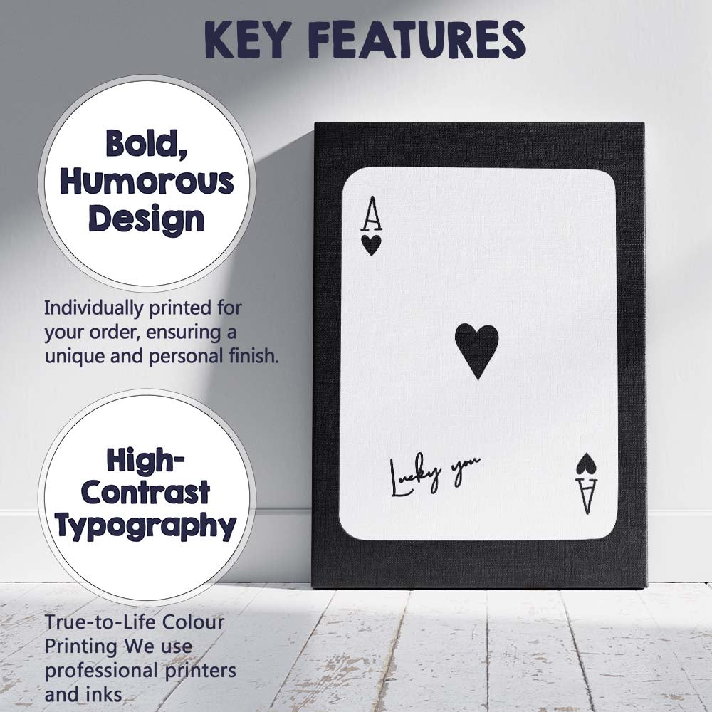 Minimalist Black Lucky You Ace of Hearts Playing Card Canvas Wall Art Print Decor Picture Ready to Hang
