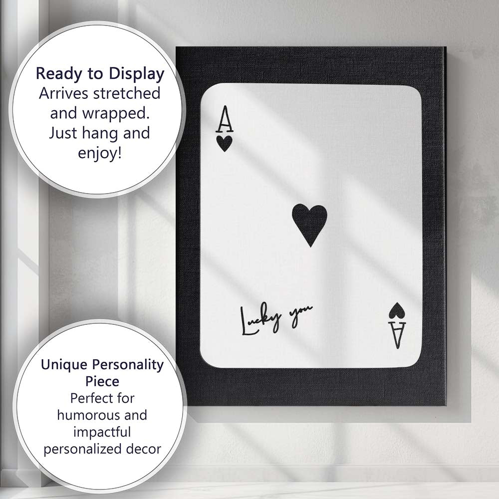 Minimalist Black Lucky You Ace of Hearts Playing Card Canvas Wall Art Print Decor Picture Ready to Hang