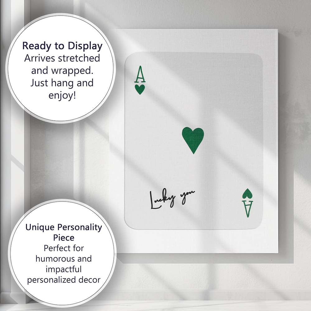 Minimalist Dark Green Lucky You Ace of Hearts Playing Card Canvas Wall Art Print Decor Picture Ready to Hang