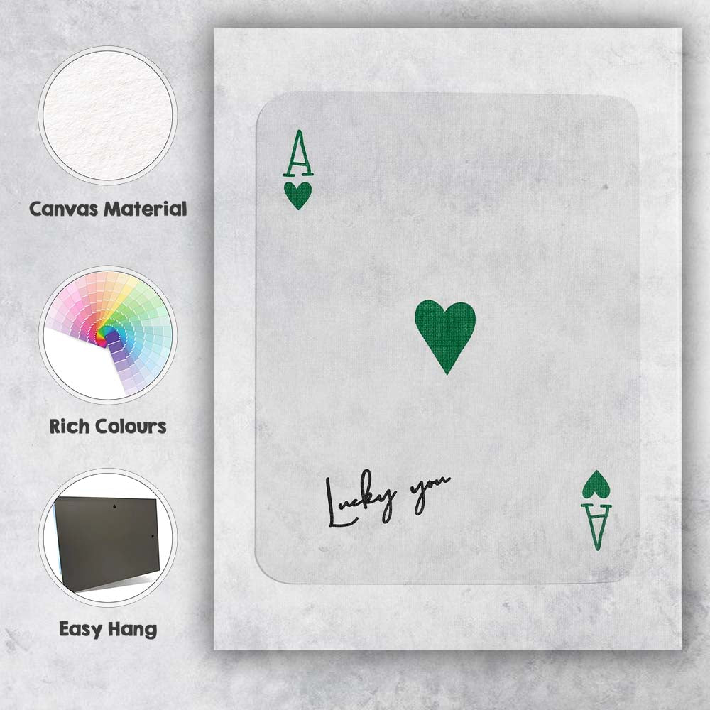 Minimalist Dark Green Lucky You Ace of Hearts Playing Card Canvas Wall Art Print Decor Picture Ready to Hang