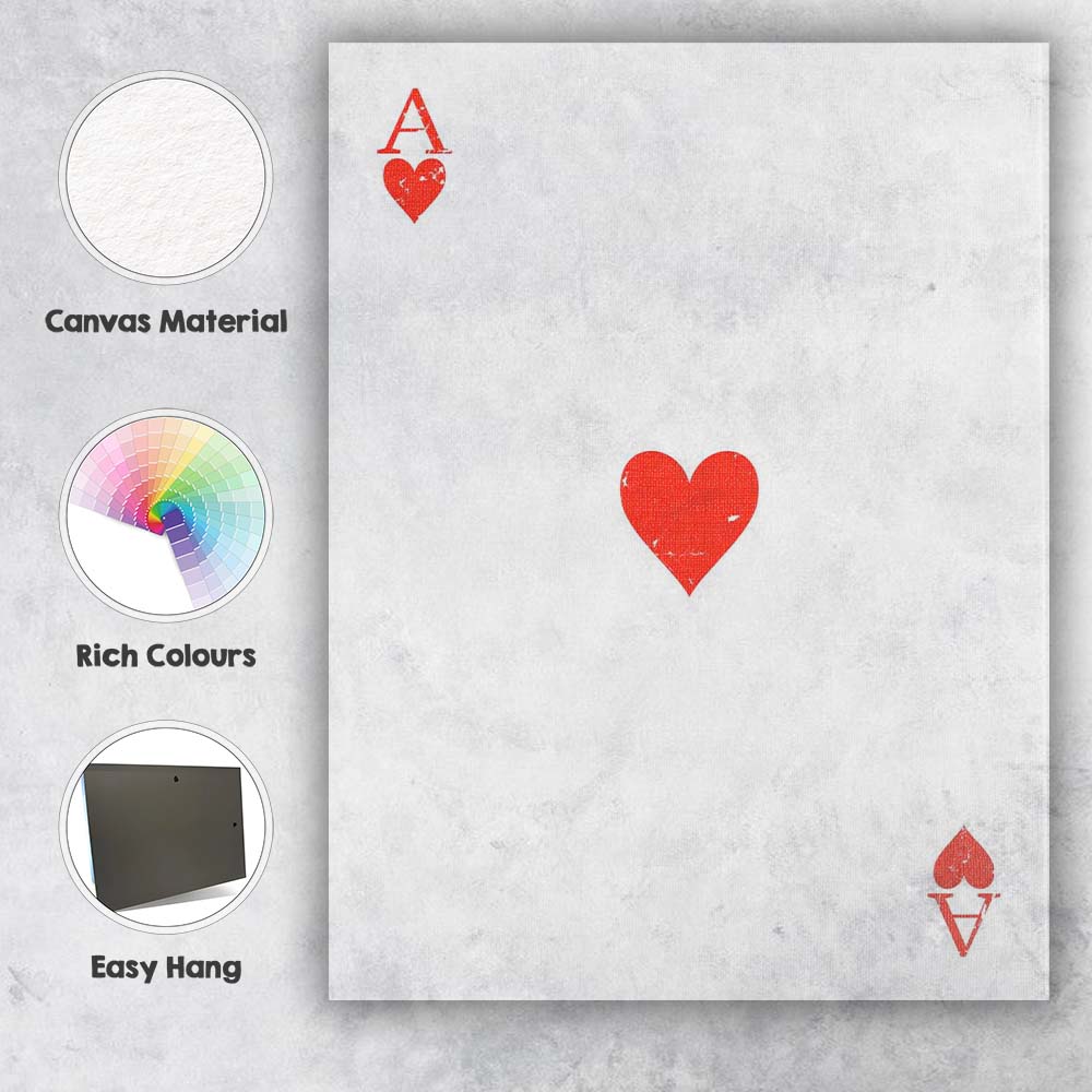 Minimalist Distressed Red Ace of Hearts Playing Card Canvas Wall Art Print Decor Picture Ready to Hang