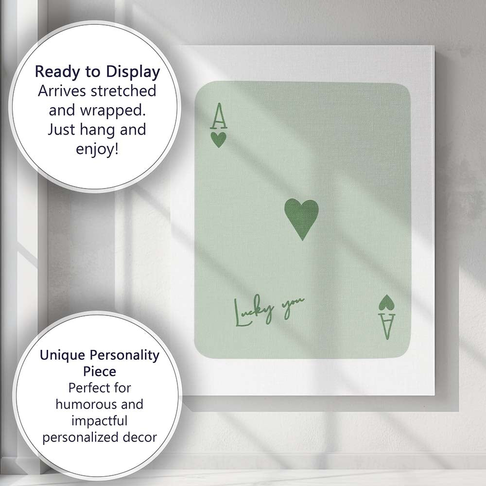 Minimalist Sage Green Lucky You Ace of Hearts Playing Card Canvas Wall Art Print Decor Picture Ready to Hang