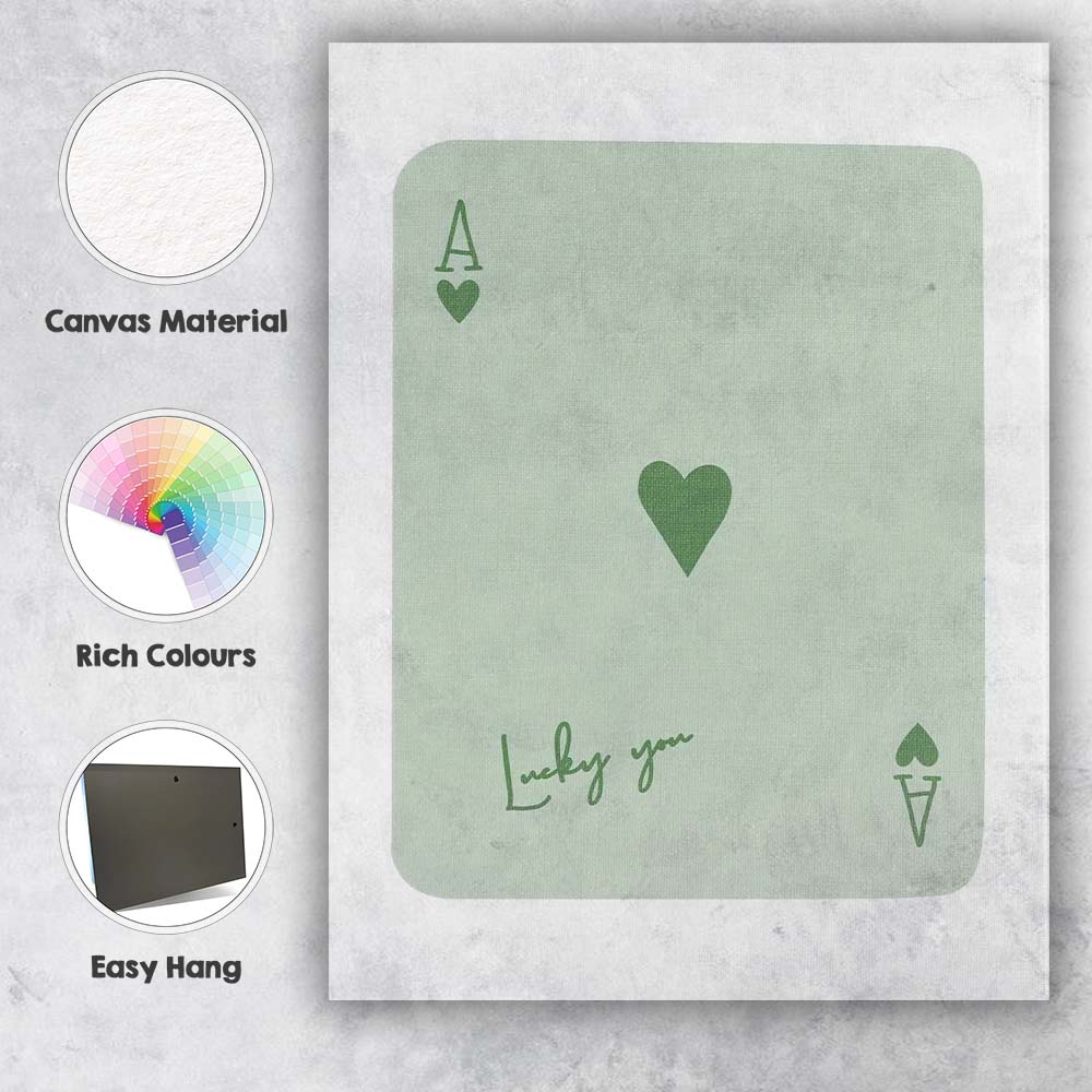Minimalist Sage Green Lucky You Ace of Hearts Playing Card Canvas Wall Art Print Decor Picture Ready to Hang