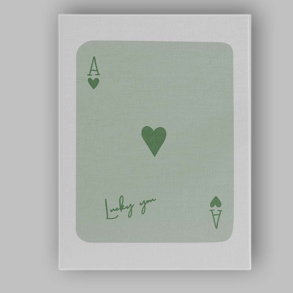 Minimalist Sage Green Lucky You Ace of Hearts Playing Card Canvas Wall Art Print Decor Picture Ready to Hang